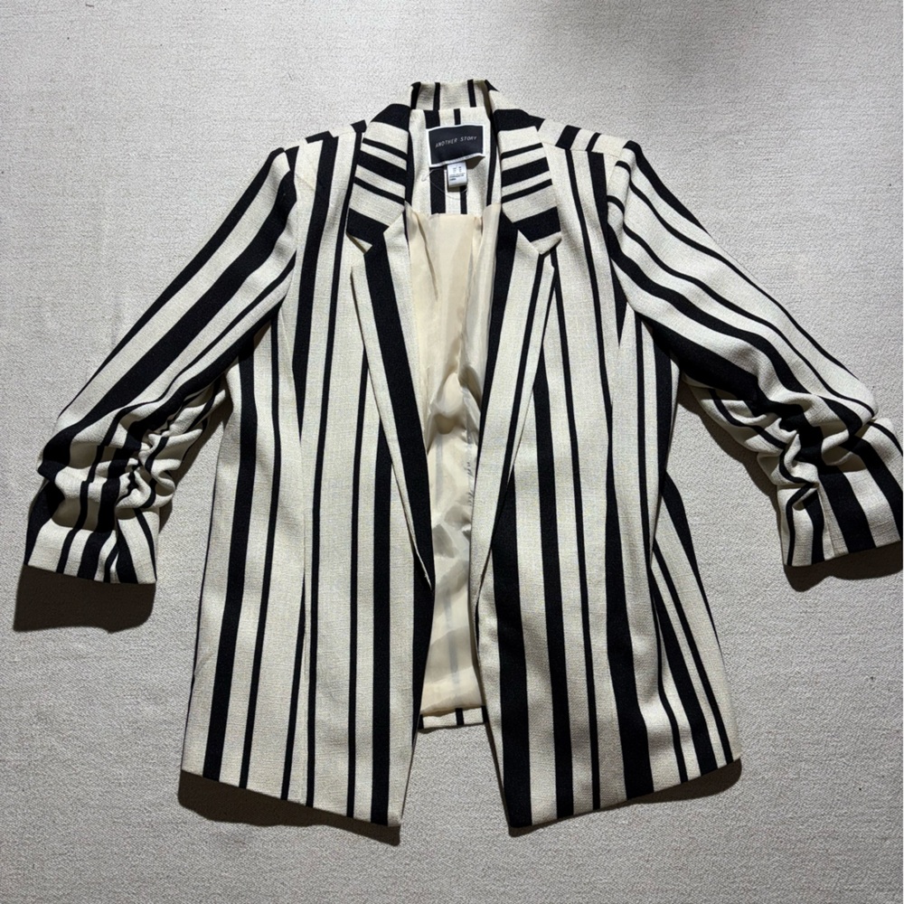 Another Story Cream & Black Striped cotton linen Blazer